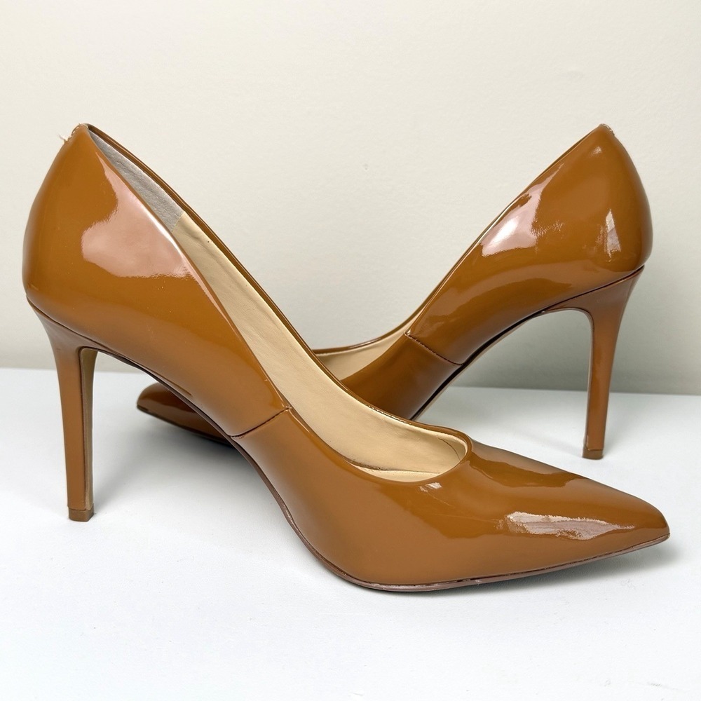 Vince Camuto Women's Savilla Leather 7M Caramel Patent 4" heel Dress Pumps Shoes - Picture 2 of 10
